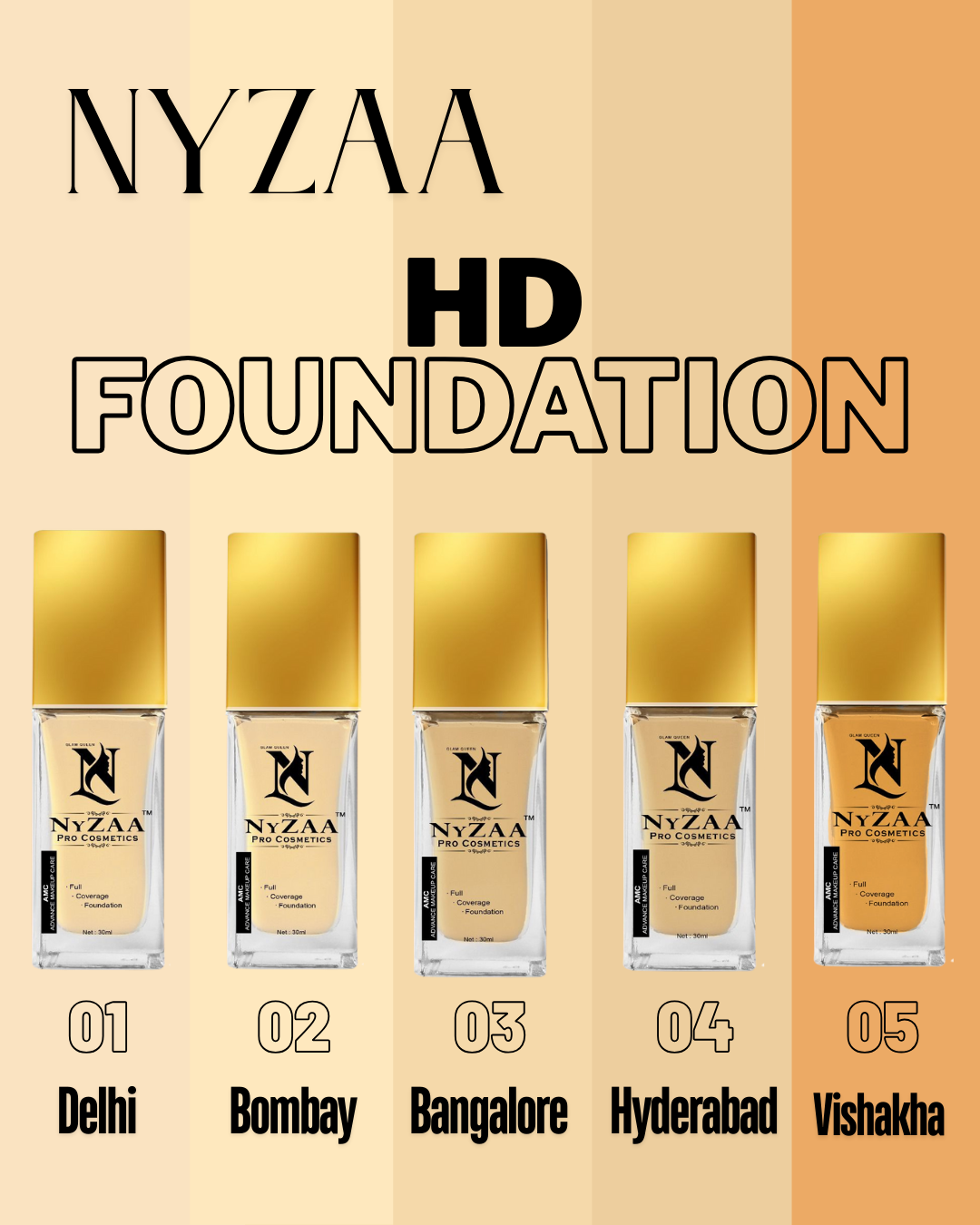 NyZAA HD Foundation COMBO- 3 shades for fair, medium, and deep skin tones