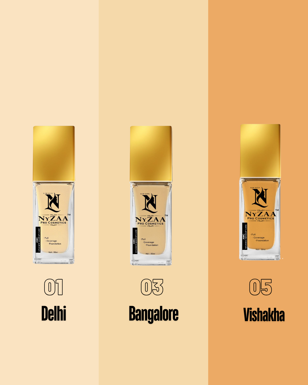 NyZAA HD Foundation COMBO- 3 shades for fair, medium, and deep skin tones