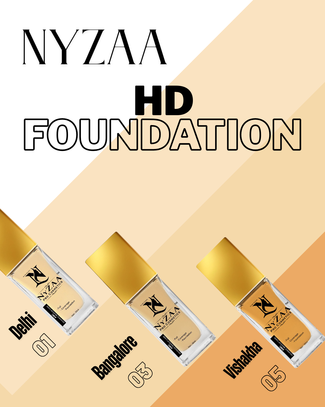 NyZAA HD Foundation COMBO- 3 shades for fair, medium, and deep skin tones