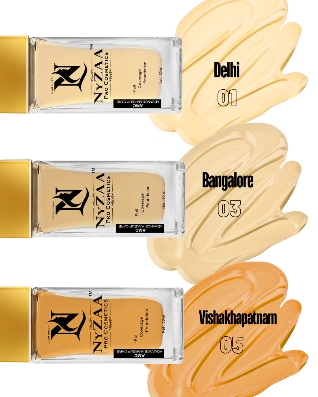 NyZAA HD Foundation COMBO- 3 shades for fair, medium, and deep skin tones